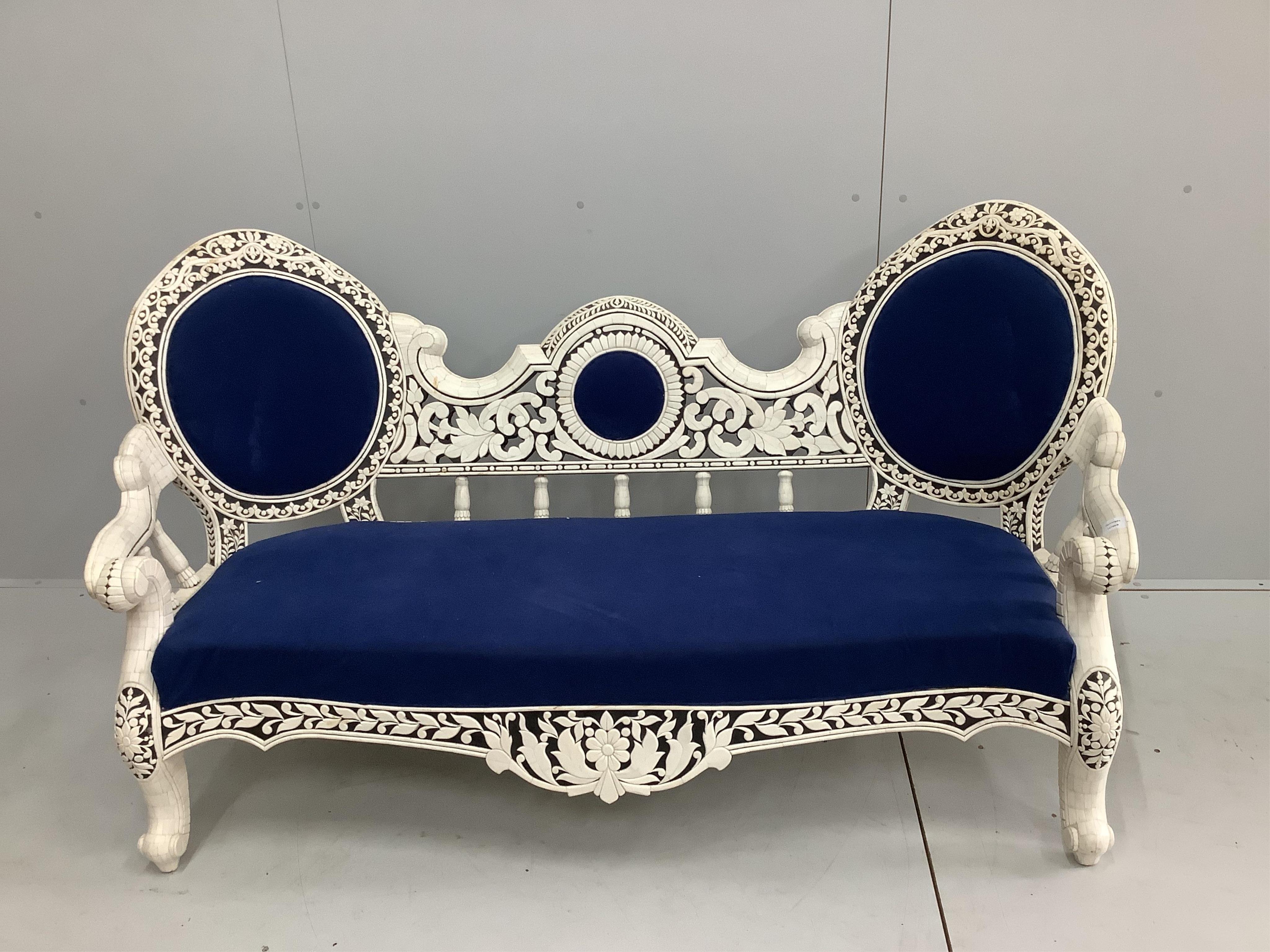An Indian bone veneered sofa, width 172cm, depth 84cm, height 91cm. Condition - good